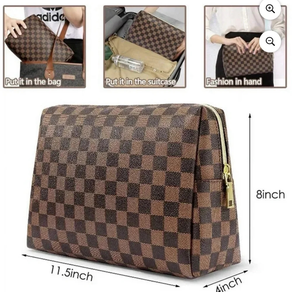 Checkered Cosmetic Bag Large Travel Toiletry Organizer - Picture 2 of 3